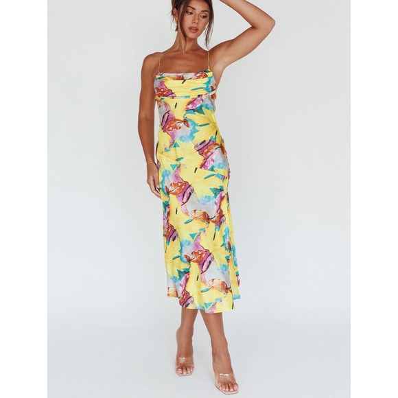 One And Only Collective Dresses & Skirts - One and Only Collective Y2K Yellow Floral/Leaf‎ Print Cowl Neck Satin Midi Sz L